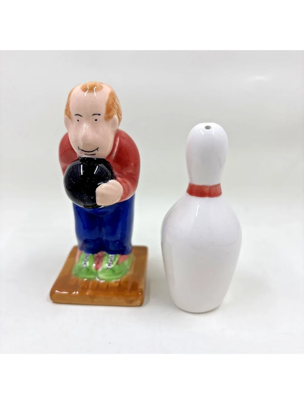 Vintage Bowling Ball & Pin W/ Bowler Salt and Pepper Shaker Set Ceramic RARE